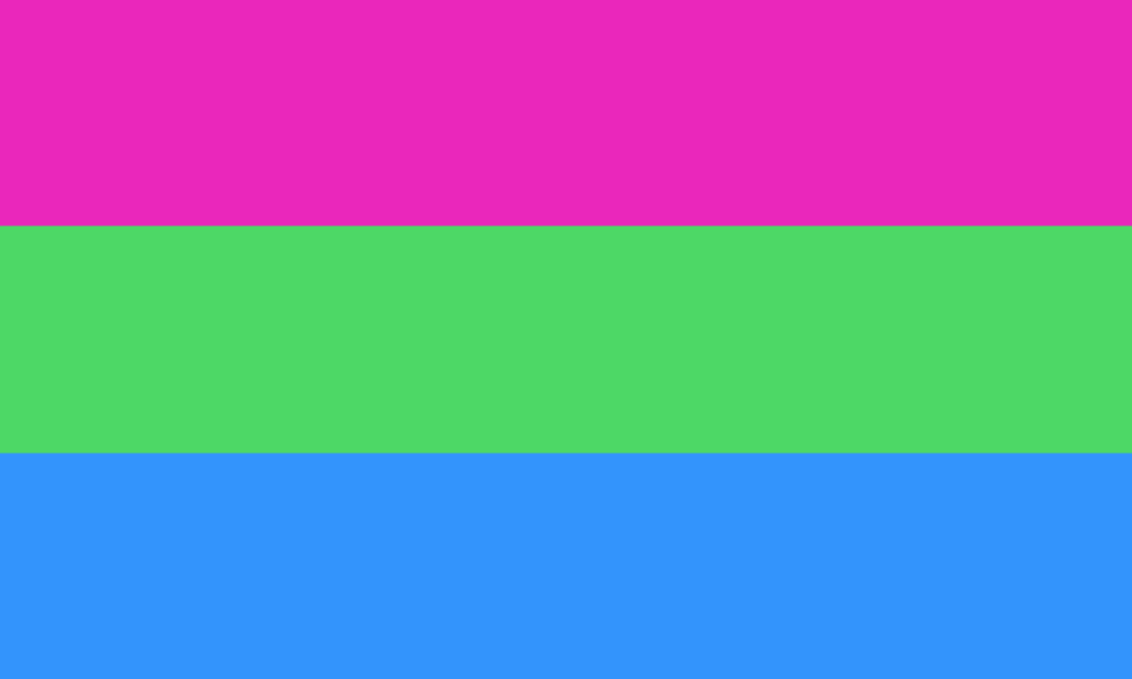 Polysexual pride flag in three horizontal stripes of magenta, green and blue.